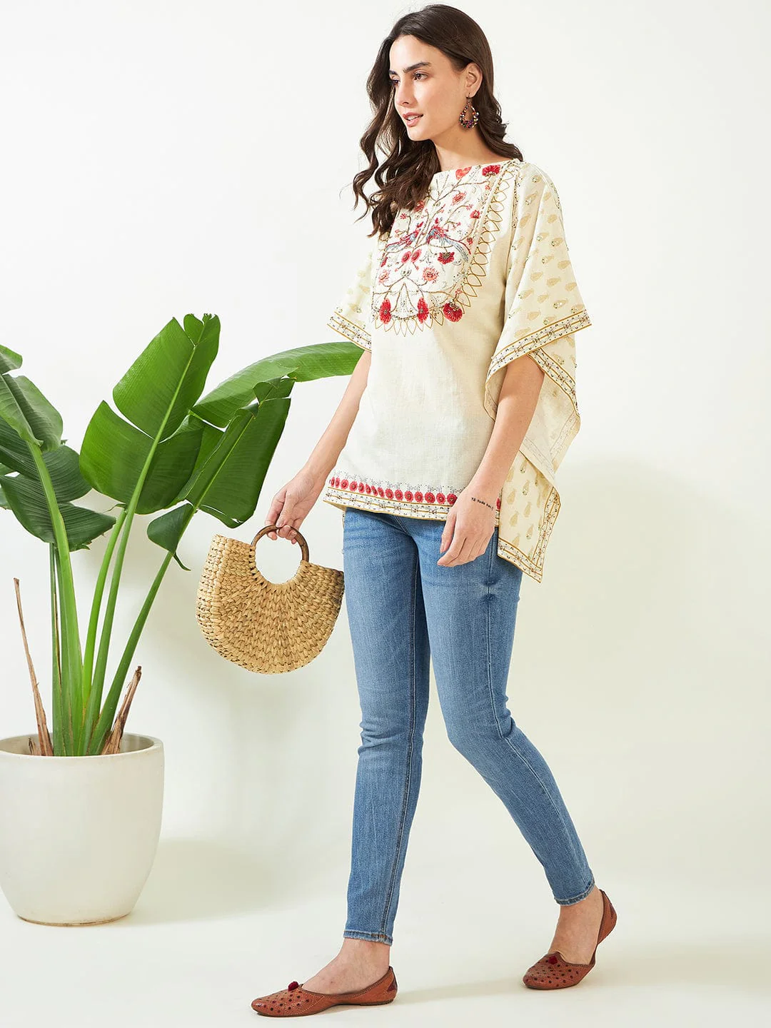 Birds in Paradise Ivory Hand Embroidered Kaftan Top - Image 3