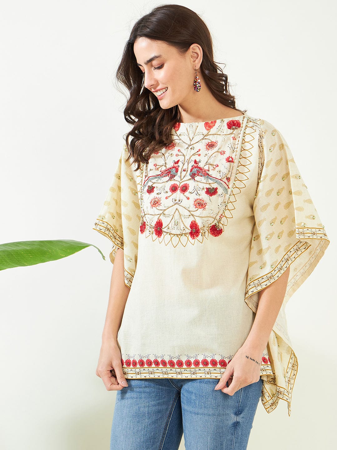 Birds in Paradise Ivory Hand Embroidered Kaftan Top - Image 4