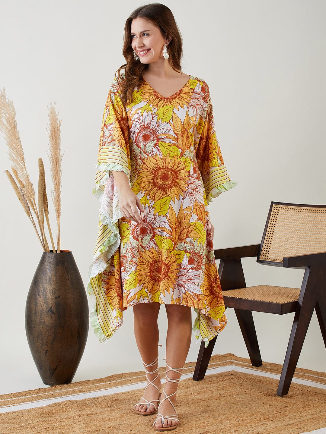 Yellow Sunflower Ruffles Resort Kaftan - Image 3