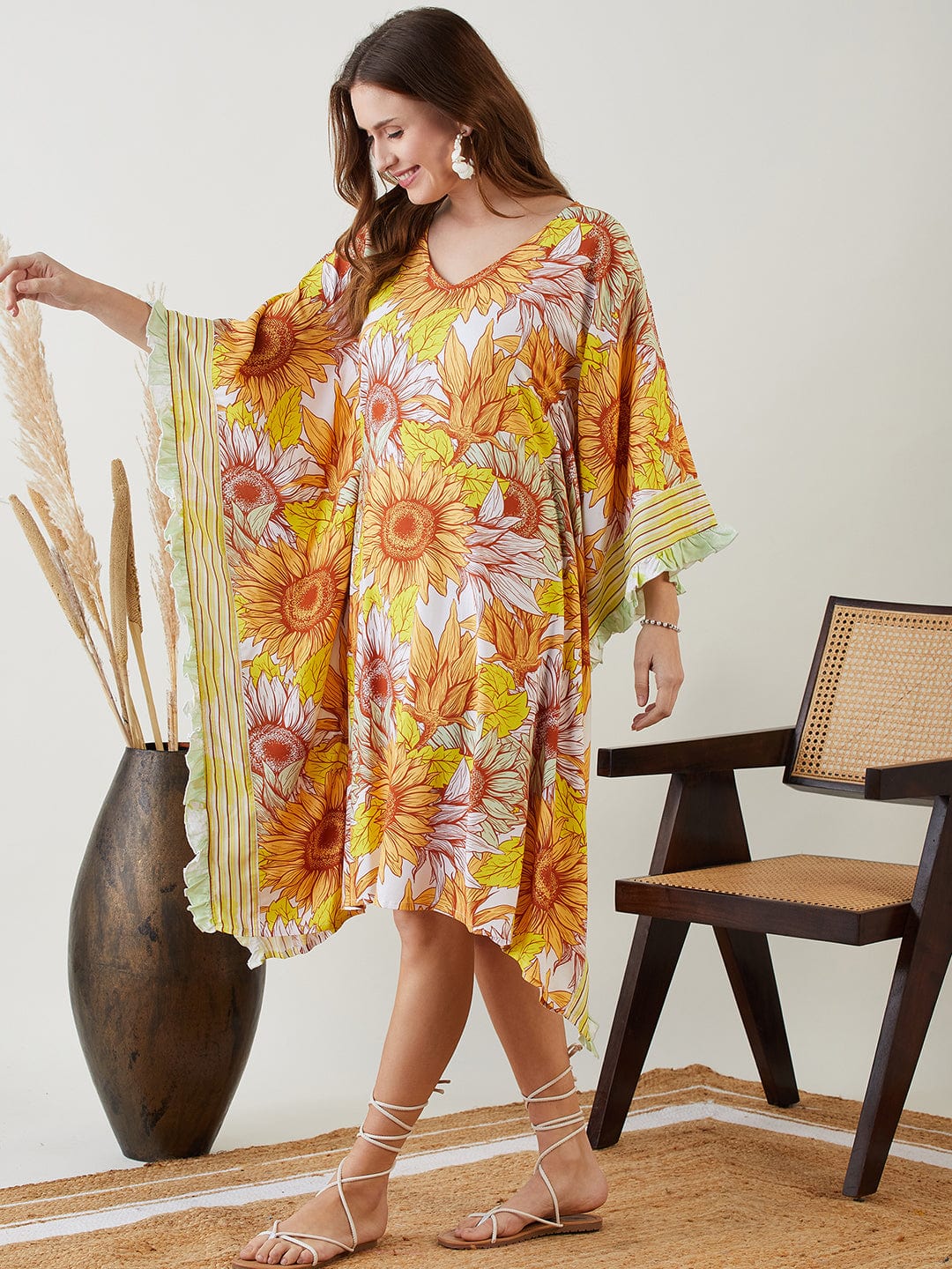 Yellow Sunflower Ruffles Resort Kaftan - Image 4